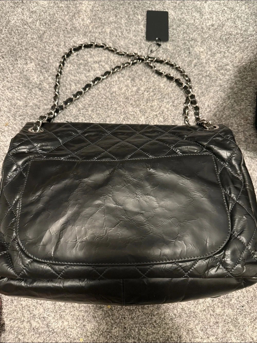 Black Quilted Leather Shoulder Bag with Chain Strap